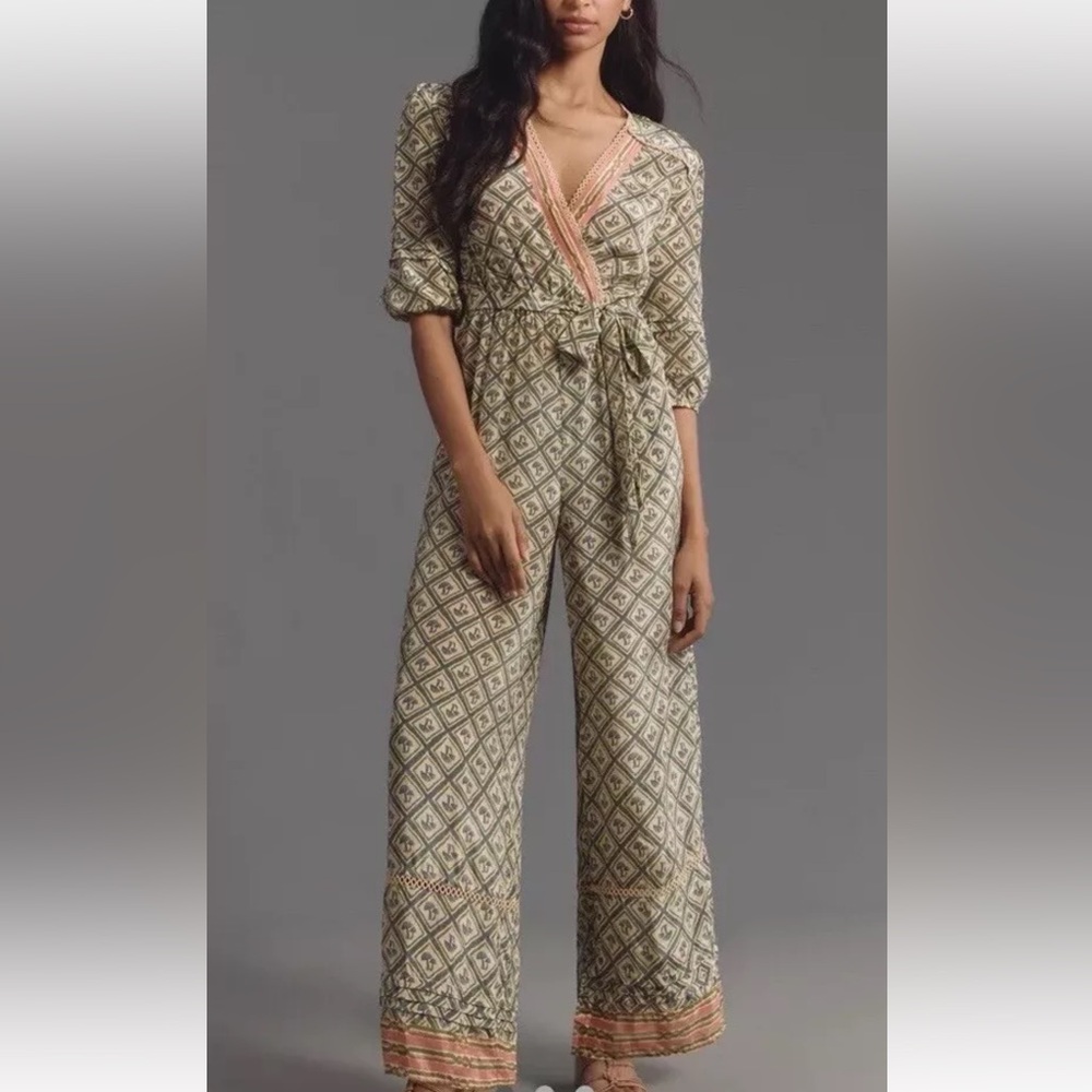 FARM Rio Geometric Pattern Jumpsuit - Green and Pink